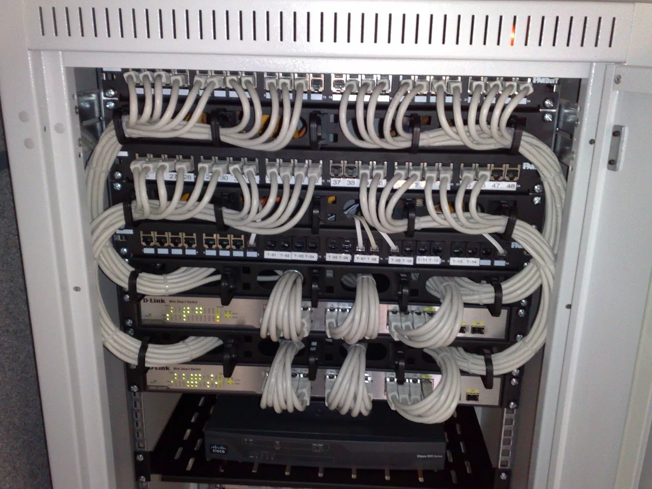 Rack empresarial con switches Ethernet y patch panels
